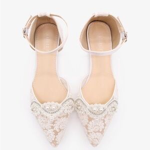 KAILEE P | Ivory Crochet Lace Pointy Toe Flats with Small Pearls Applique